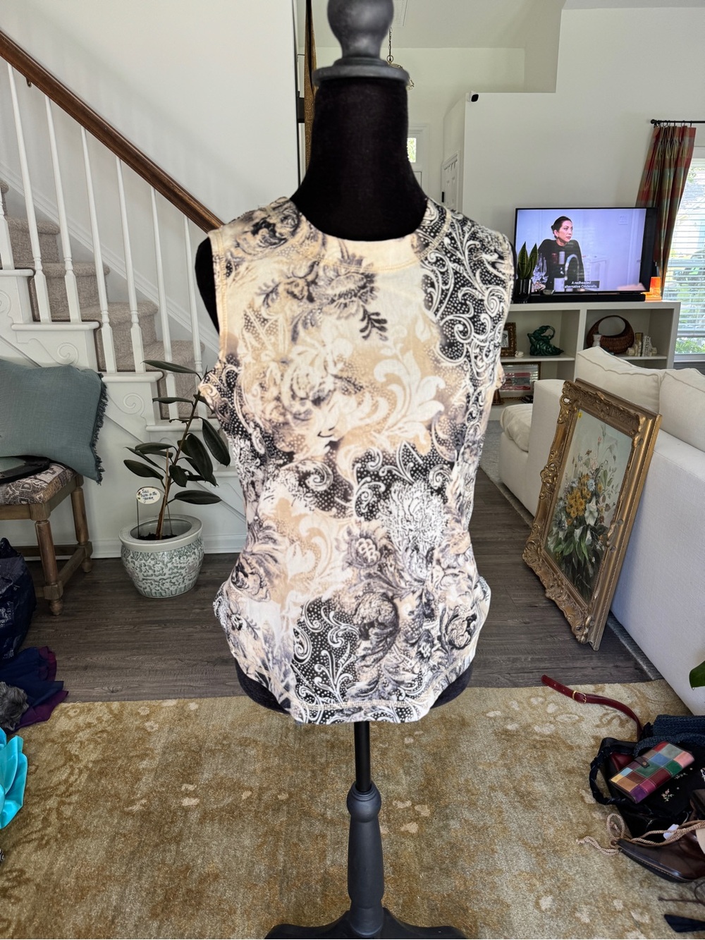 Laura Ashley Floral Paisley Sleeveless Tank Top - Beige & Black